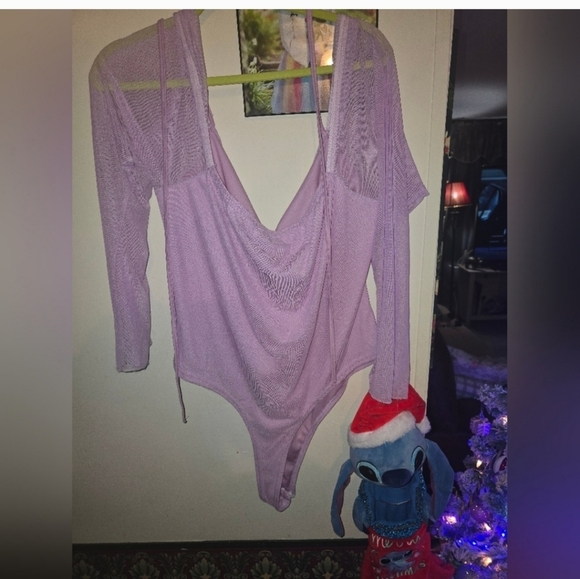🍁🍂NWOT PRETTYLITTLETHING  20 Plus Lilac Mesh Sleeve Halter Neck Bodysuit - Picture 6 of 7